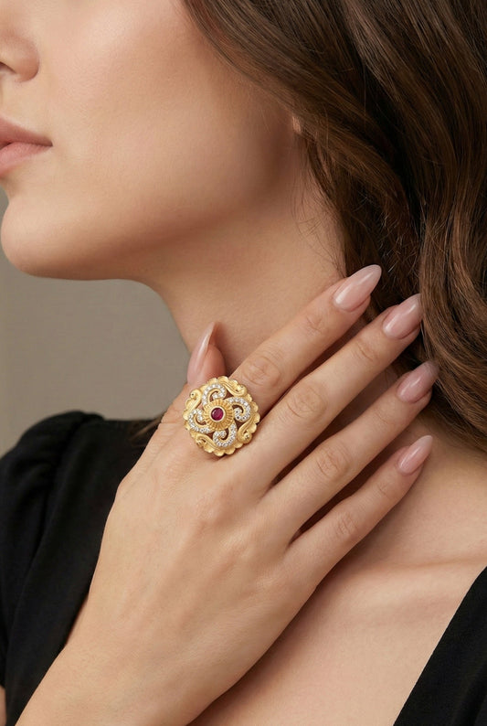 Classic Gold Plated Adjustable Ring with American Diamonds