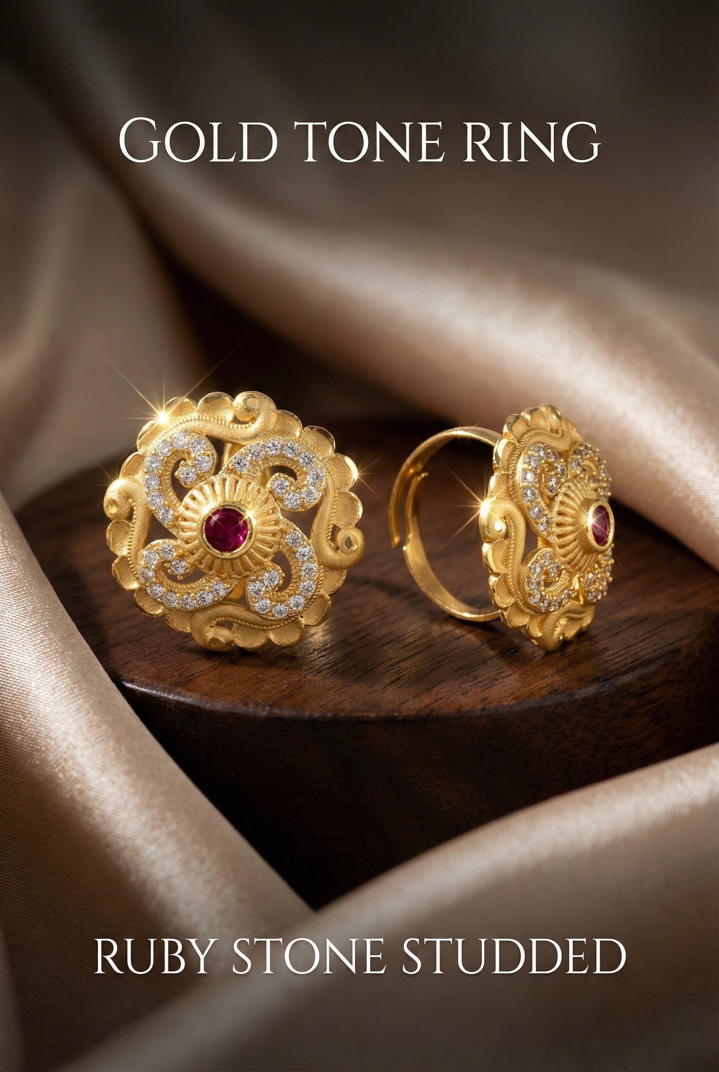 Classic Gold Plated Adjustable Ring with American Diamonds