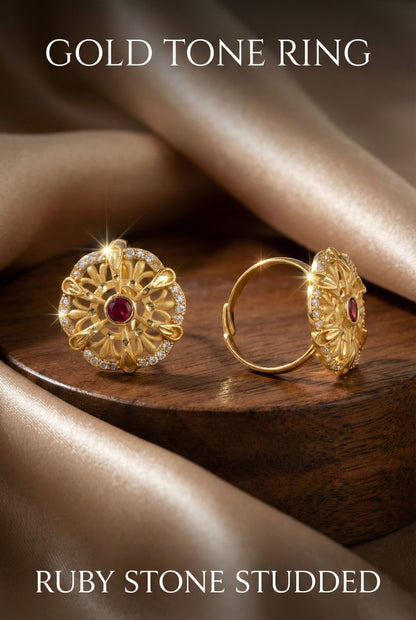 Classic Gold Plated Adjustable Ring with American Diamonds