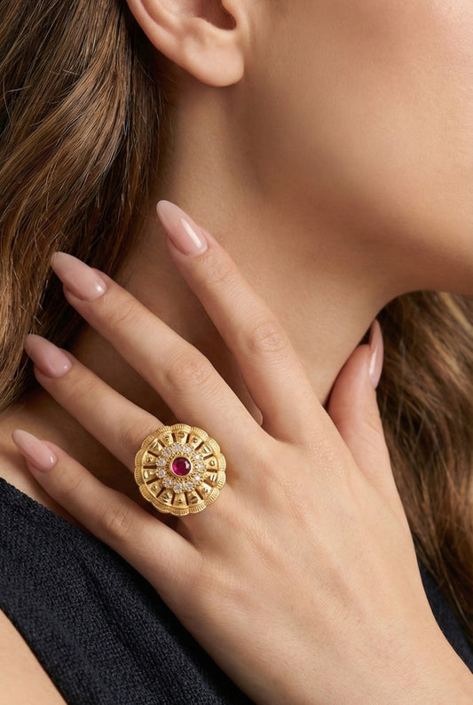 Classic Gold Plated Adjustable Ring with American Diamonds