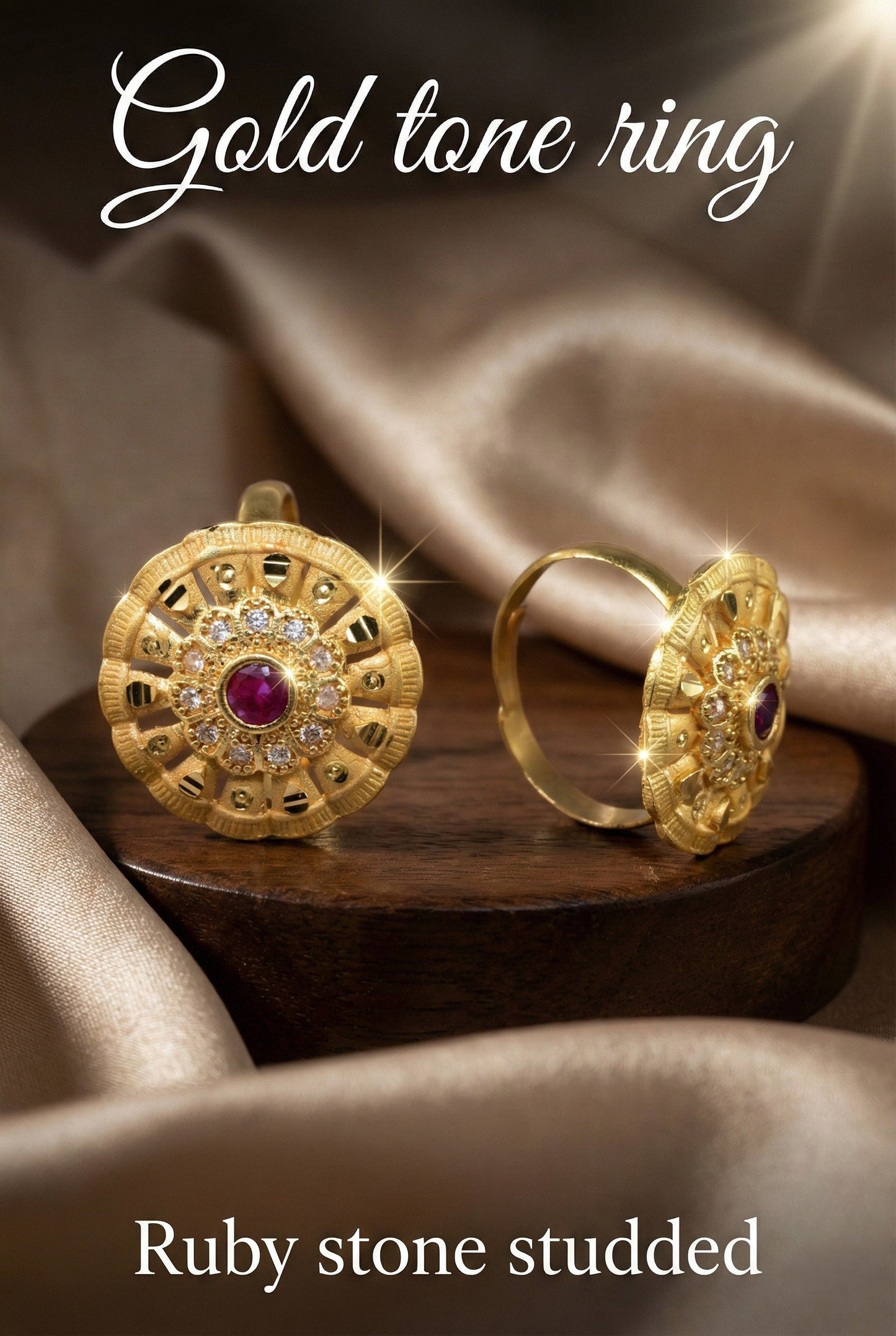 Classic Gold Plated Adjustable Ring with American Diamonds