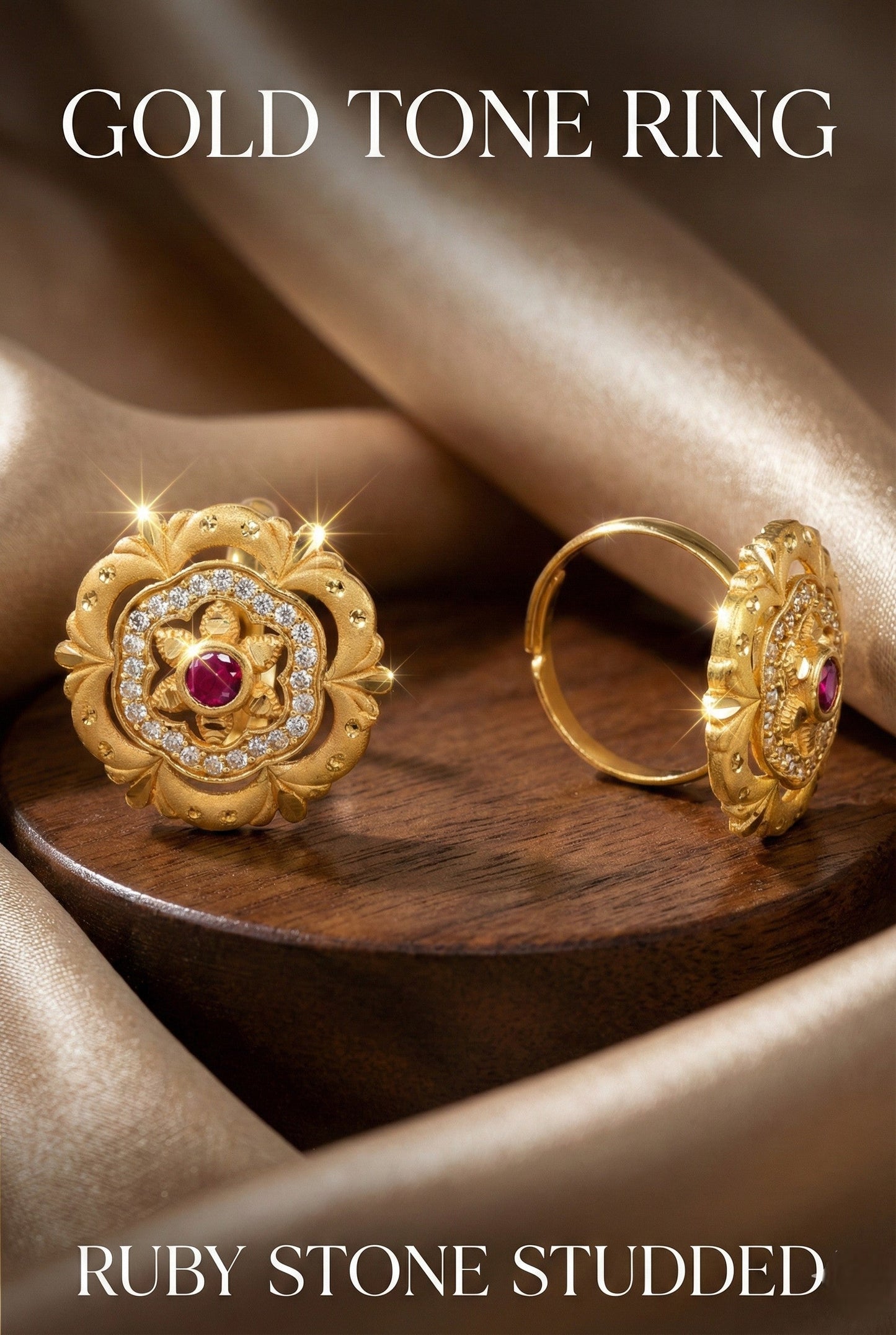 Classic Gold Plated Adjustable Ring with American Diamonds