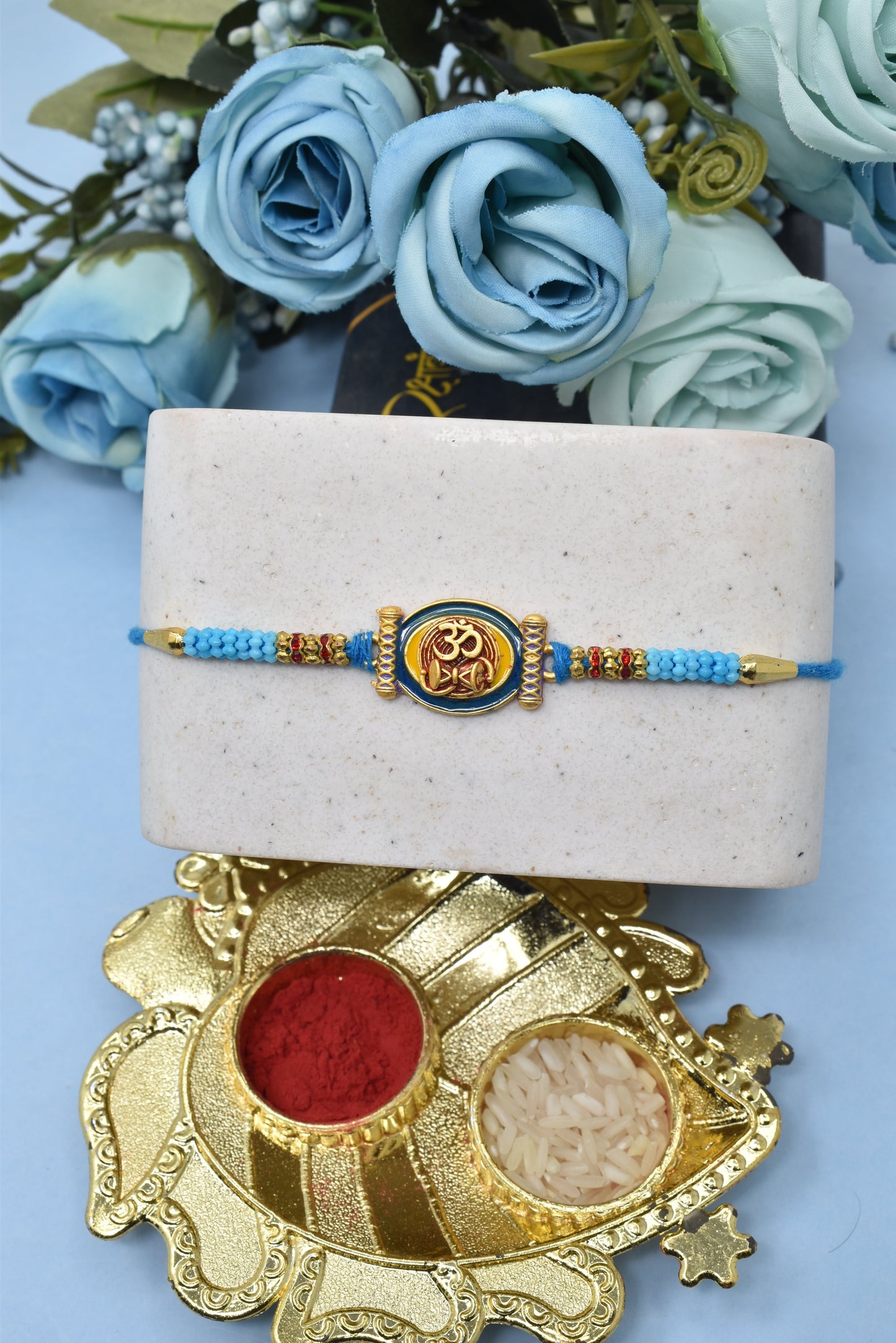 Spiritual OM with Damru Aesthtic Rakhis  Divine Goldplated  Multicolored  Rakhis Set of 2 Rakhi  Made from Cotton Threds with Pack of Roli Chawal n Rakshabandhan Greetings Card |rakhi for brother|Bhaiya Rakhi | Kids rakhi |Rakhi for kids|Rakhi for Bhaiya