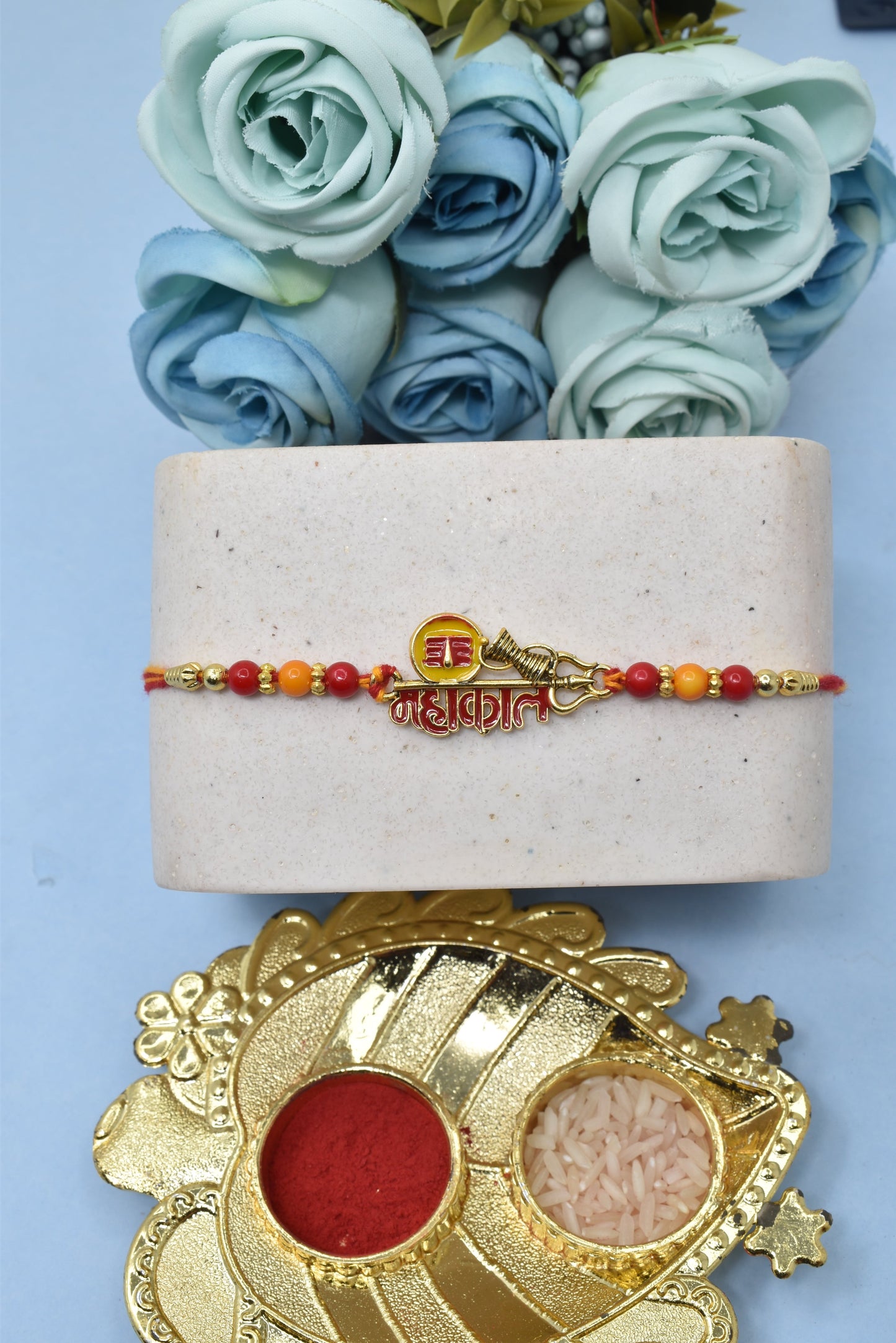 Spiritual OM with Mahakal Trishul Aesthtic Rakhis  Divine Goldplated  Multicolored  Rakhis  Set of 5 Rakhi   with Pack of Roli Chawal n Card |rakhi for brother|Bhaiya Rakhi | Kids rakhi |Rakhi for kids|Rakhi for Bhaiya