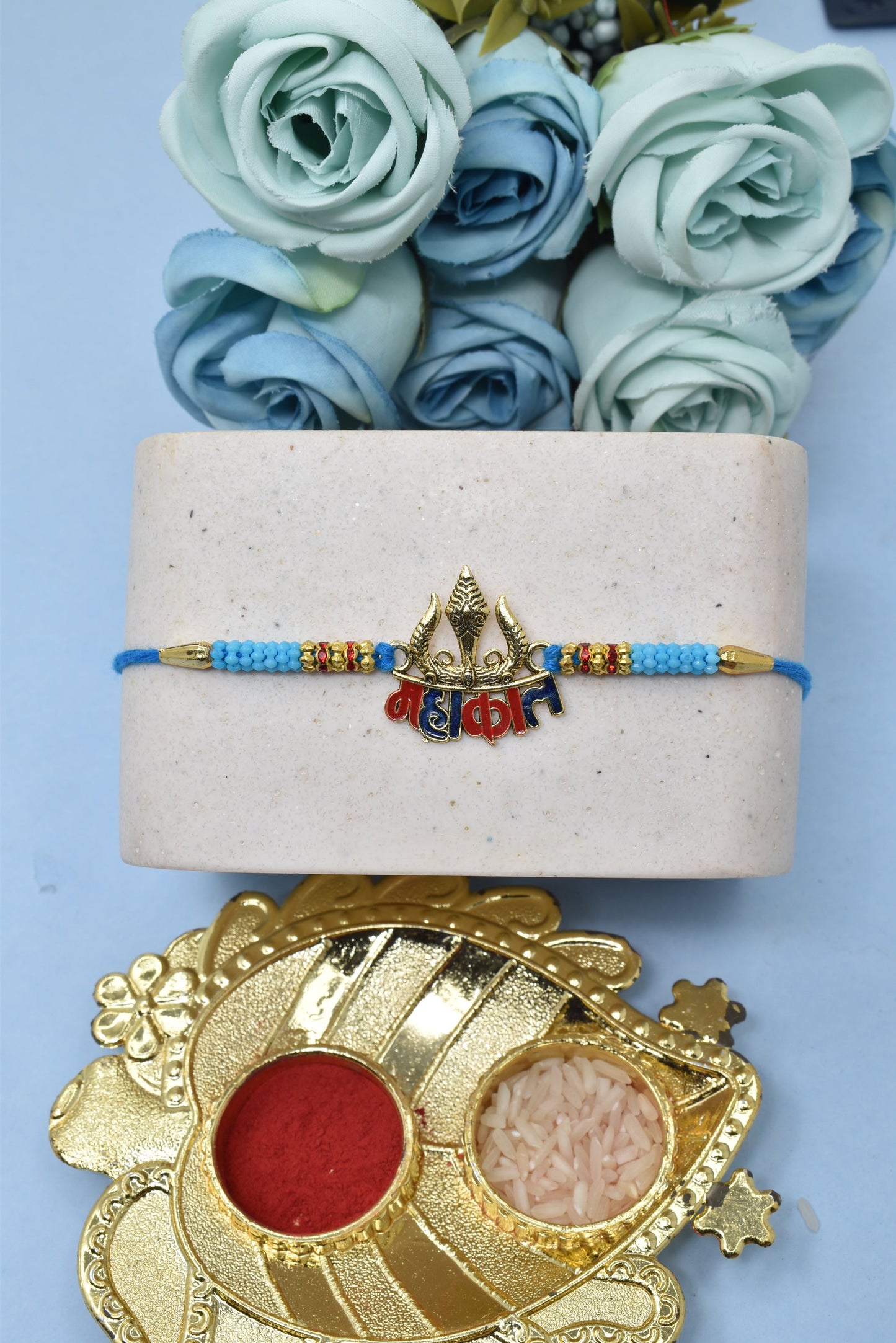 Spiritual OM with Mahakal with Trishul Aesthtic Rakhis  Divine Goldplated  Multicolored  Rakhis  Set of 3 Rakhi   with Pack of Roli Chawal n Card |rakhi for brother|Bhaiya Rakhi | Kids rakhi |Rakhi for kids|Rakhi for Bhaiya