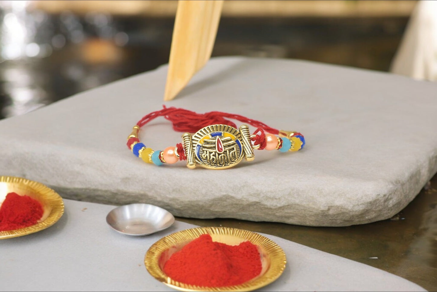 Unique Designer OM with Mahakal  Aesthtic Rakhis  Divine Goldplated  Multicolored  Rakhis 1 Rakhi Made from Cotton Threds with Pack of Roli Chawal n Rakshabandhan Greetings Card |rakhi for brother|Bhaiya Rakhi | Kids rakhi |Rakhi for kids|Rakhi for Bhaiya