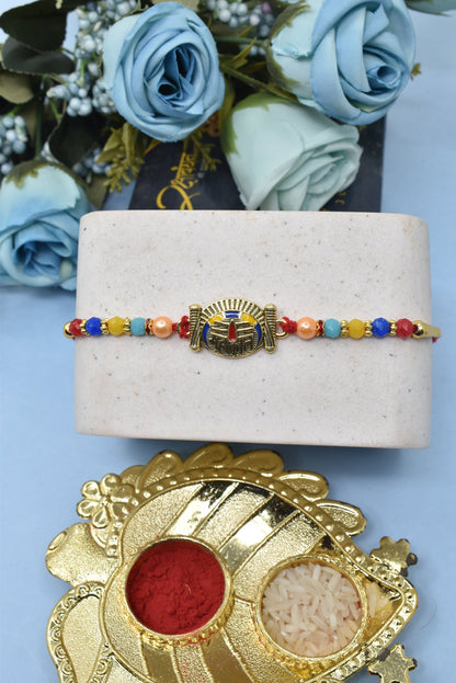 Unique Designer OM with Mahakal  Aesthtic Rakhis  Divine Goldplated  Multicolored  Rakhis  Set of 5 Rakhi   with Pack of Roli Chawal n Card |rakhi for brother|Bhaiya Rakhi | Kids rakhi |Rakhi for kids|Rakhi for Bhaiya