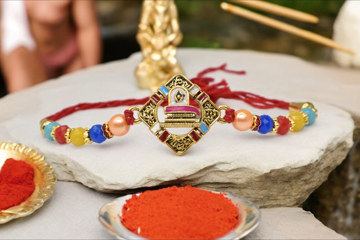 Religious Designer Shivling Spritual Aesthtic Rakhis  Divine Goldplated  Multicolored  Rakhis  Set of 3 Rakhi   with Pack of Roli Chawal n Card |rakhi for brother|Bhaiya Rakhi | Kids rakhi |Rakhi for kids|Rakhi for Bhaiya