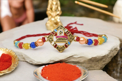 Religious Designer Shivling Spritual Aesthtic Rakhis  Divine Goldplated  Multicolored  Rakhis  Set of 5 Rakhi   with Pack of Roli Chawal n Card |rakhi for brother|Bhaiya Rakhi | Kids rakhi |Rakhi for kids|Rakhi for Bhaiya