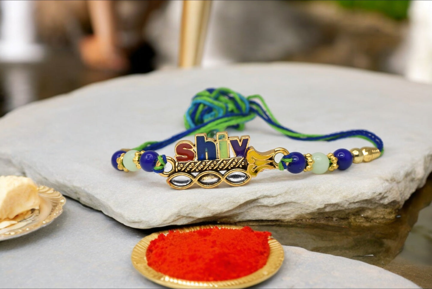 Religious Designer Shiv Spritual Aesthtic Rakhis  Divine Goldplated  Multicolored  Rakhis 1 Rakhi Made from Cotton Threds with Pack of Roli Chawal n Rakshabandhan Greetings Card |rakhi for brother|Bhaiya Rakhi | Kids rakhi |Rakhi for kids|Rakhi for Bhaiya