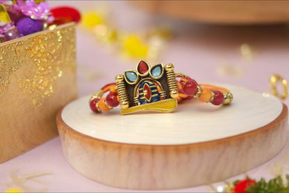 Traditional Designer OM Namah Shivay  Spritual Aesthtic Rakhis  Divine Goldplated  Multicolored  Rakhis  Set of 5 Rakhi   with Pack of Roli Chawal n Card |rakhi for brother|Bhaiya Rakhi | Kids rakhi |Rakhi for kids|Rakhi for Bhaiya