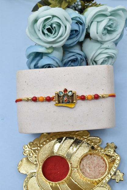 Traditional Designer OM Namah Shivay  Spritual Aesthtic Rakhis  Divine Goldplated  Multicolored  Rakhis  Set of 5 Rakhi   with Pack of Roli Chawal n Card |rakhi for brother|Bhaiya Rakhi | Kids rakhi |Rakhi for kids|Rakhi for Bhaiya