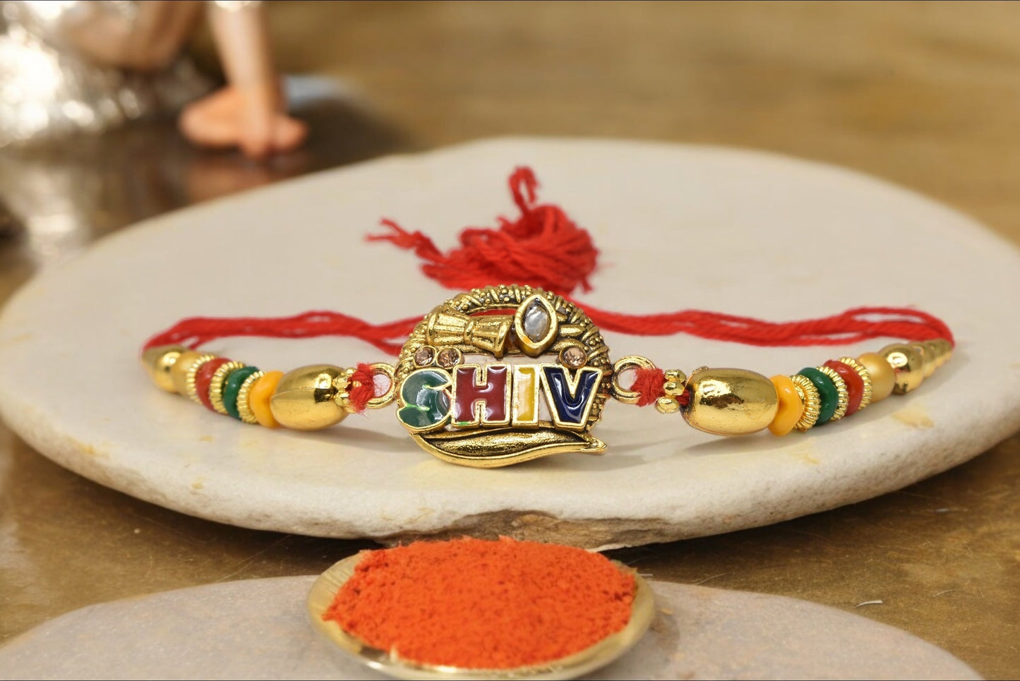 Traditional Designer Shiv With Damru  Spritual Aesthtic Rakhis  Divine Goldplated  Multicolored  Rakhis  Set of 3 Rakhi   with Pack of Roli Chawal n Card |rakhi for brother|Bhaiya Rakhi | Kids rakhi |Rakhi for kids|Rakhi for Bhaiya