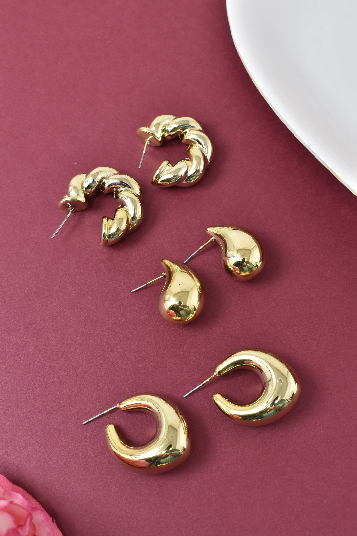 Anti Tarnish Stud  Gold plated Korean Minimal Tear Drop Pack of 3 earrings