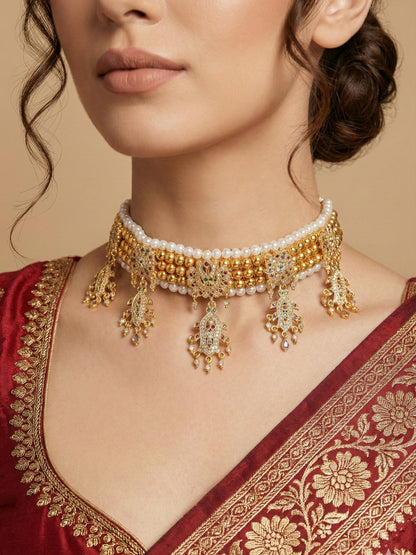Gold Plated Temple Pearl Beaded Choker Necklace with CZ Stone Studded for Women