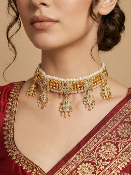 Gold Plated Temple Pearl Beaded Choker Necklace with CZ Stone Studded for Women