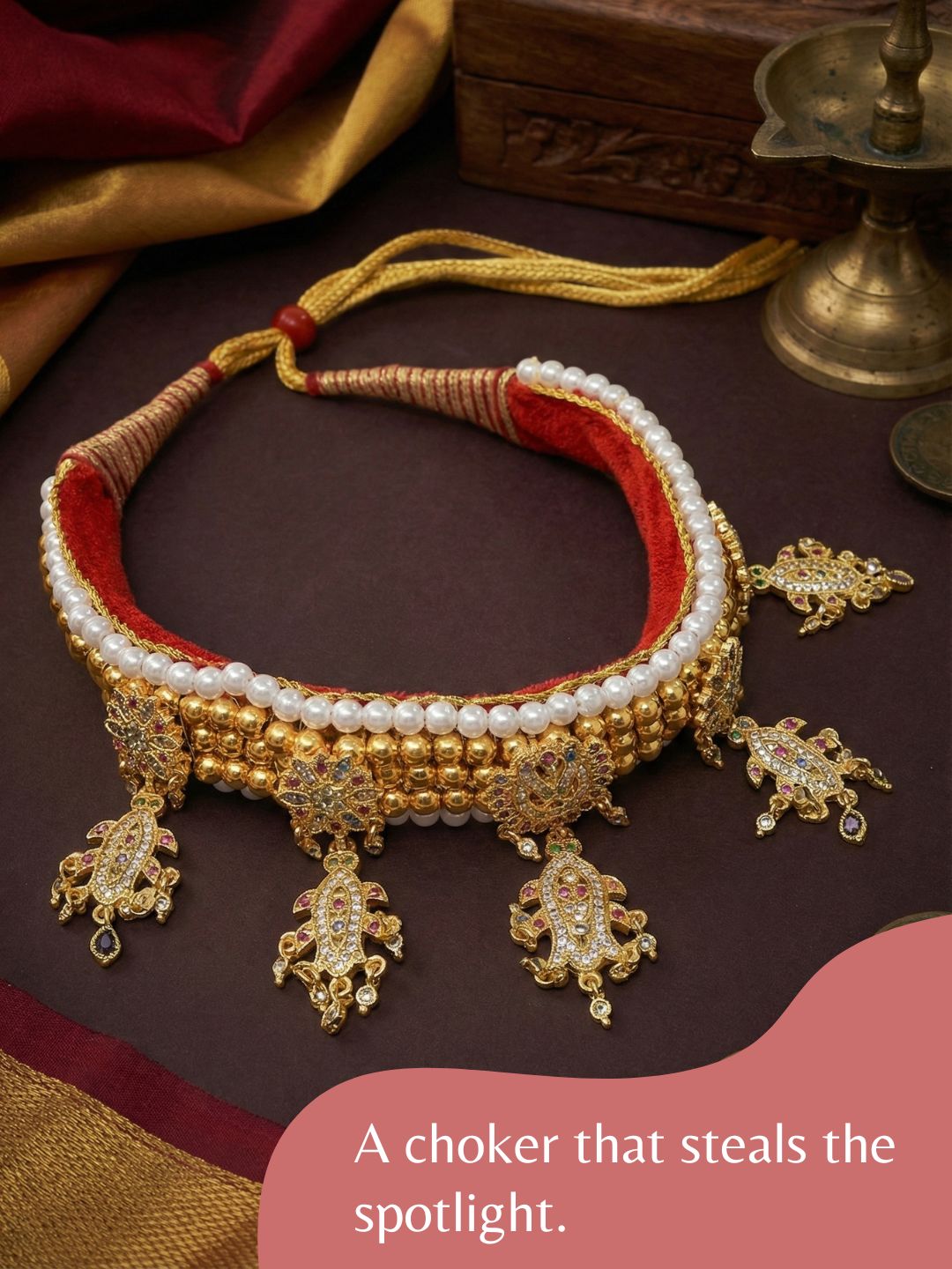 Gold Plated Temple Pearl Beaded Choker Necklace with CZ Stone Studded for Women