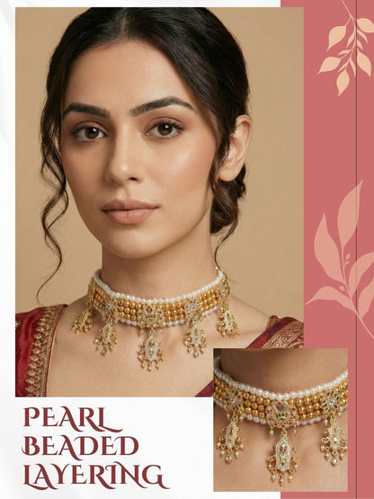 Gold Plated Temple Pearl Beaded Choker Necklace with CZ Stone Studded for Women