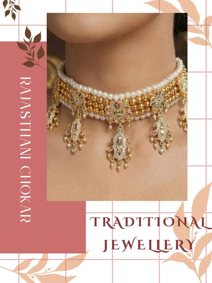 Gold Plated Temple Pearl Beaded Choker Necklace with CZ Stone Studded for Women