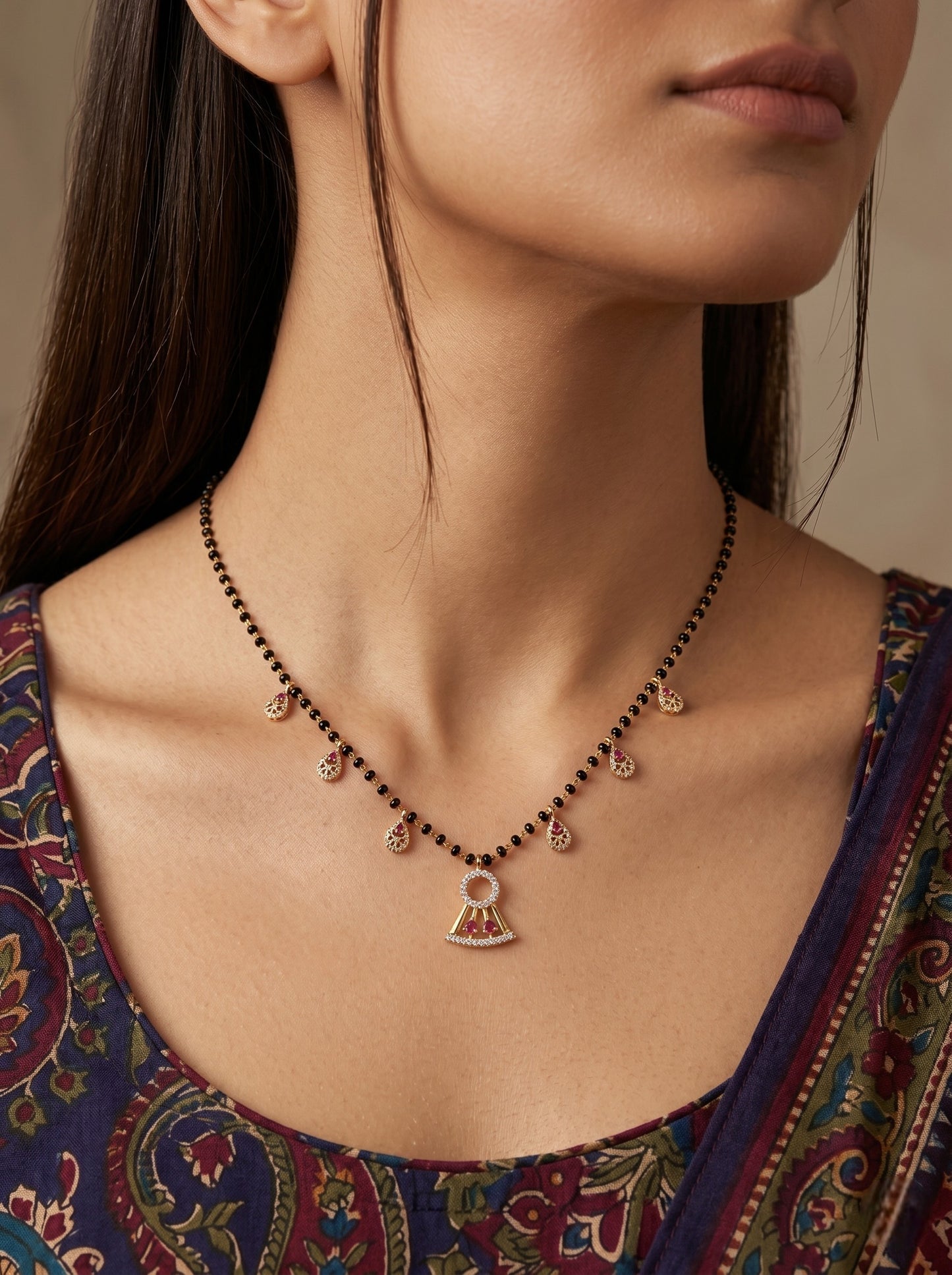 Gold-Toned Stone Studded Mangalsutra with Matching Earrings Combo Set