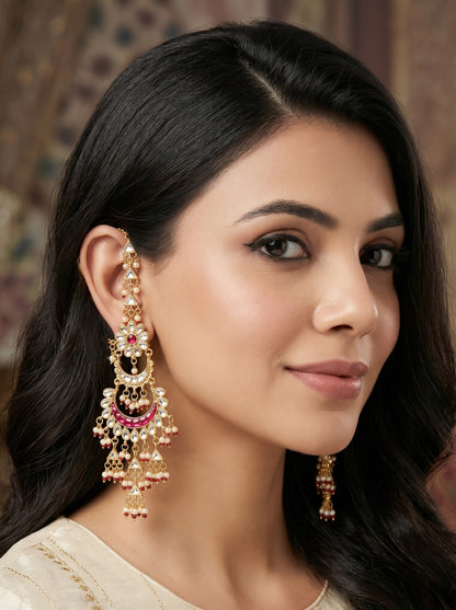 Women Gold-Toned Kundan Inspired Long with Chain Chandbali Earrings