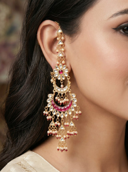 Women Gold-Toned Kundan Inspired Long with Chain Chandbali Earrings