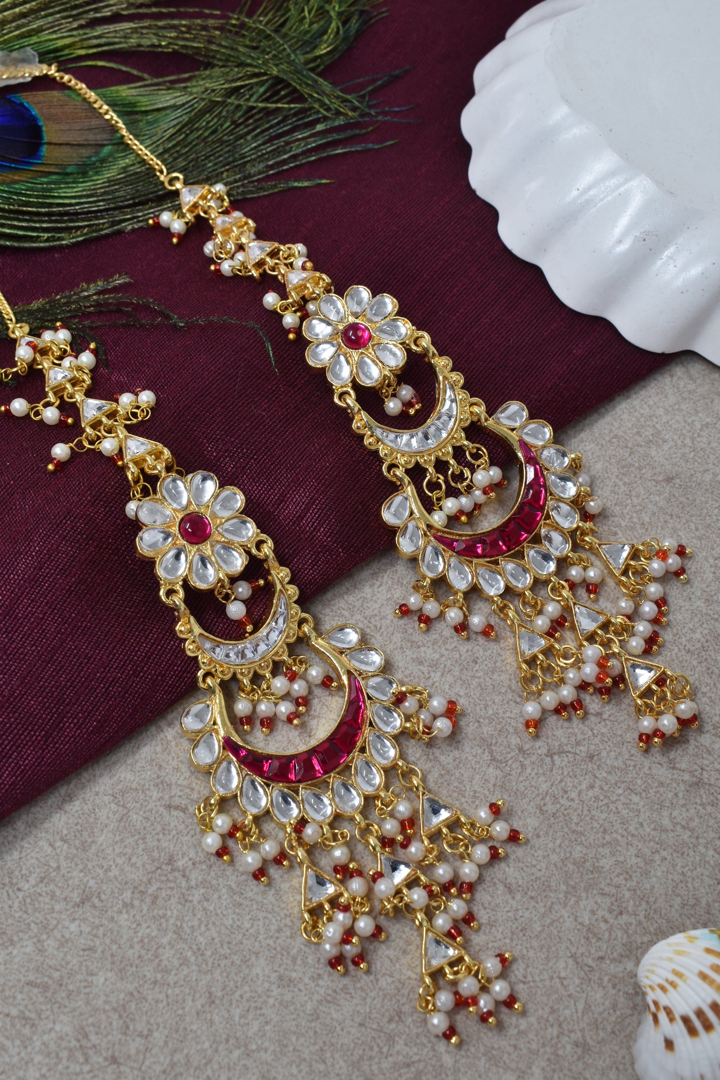 Women Gold-Toned Kundan Inspired Long with Chain Chandbali Earrings