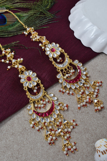 Women Gold-Toned Kundan Inspired Long with Chain Chandbali Earrings