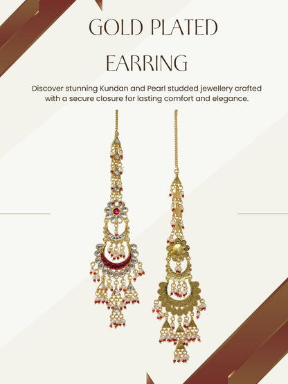 Women Gold-Toned Kundan Inspired Long with Chain Chandbali Earrings
