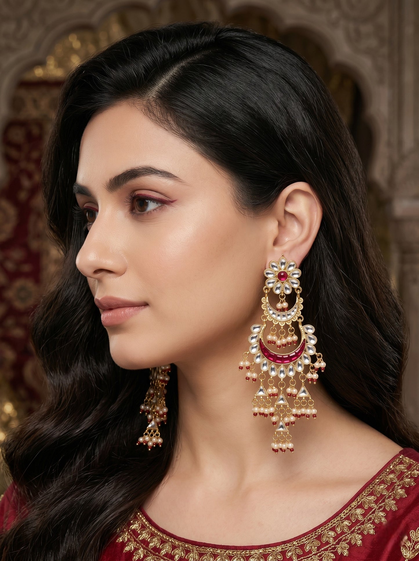 Women Gold-Toned Kundan Inspired Long Chandbali Earrings
