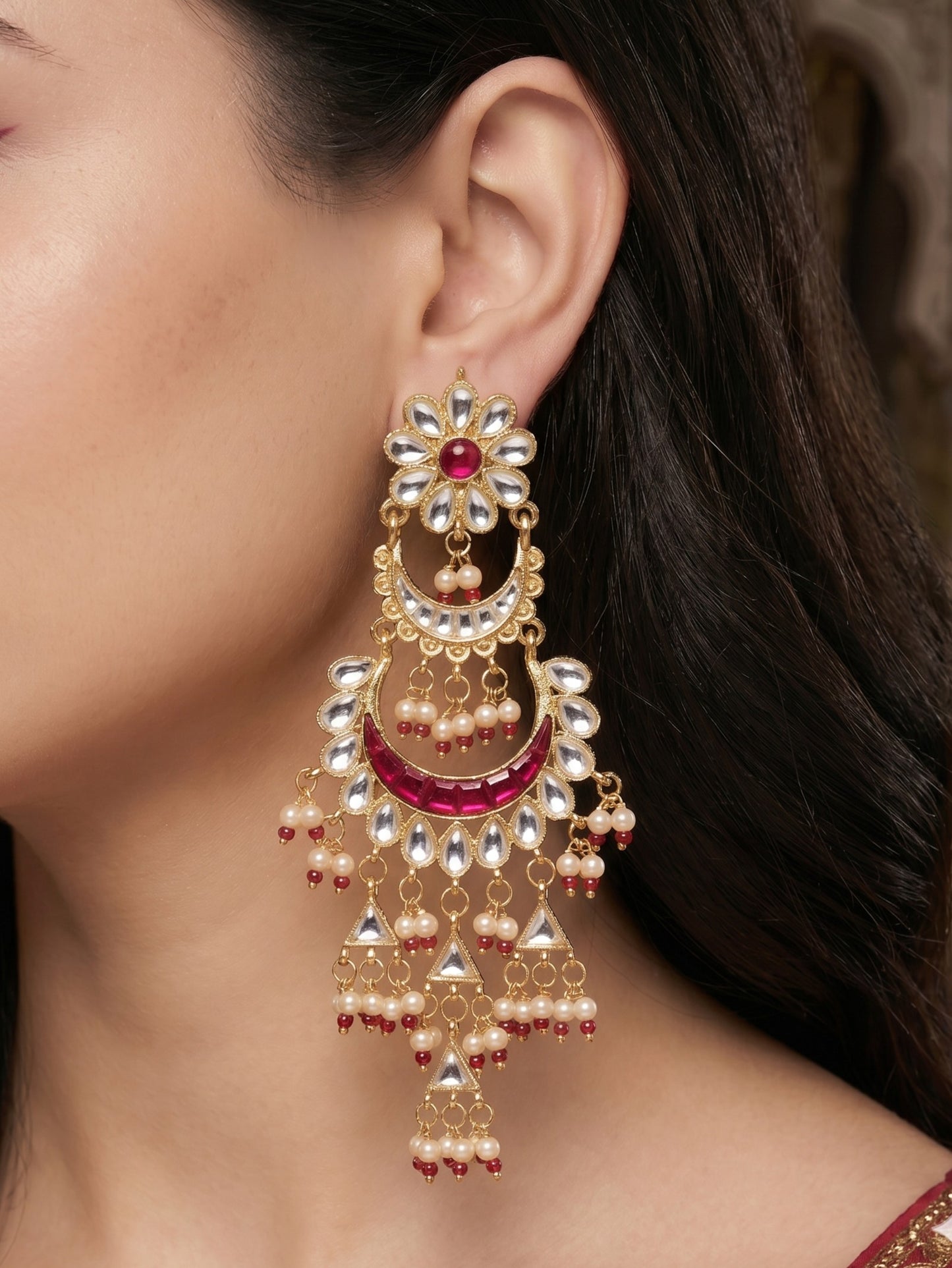 Women Gold-Toned Kundan Inspired Long Chandbali Earrings