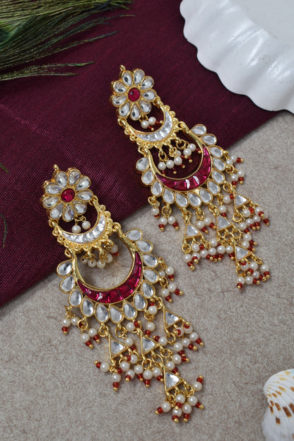 Women Gold-Toned Kundan Inspired Long Chandbali Earrings