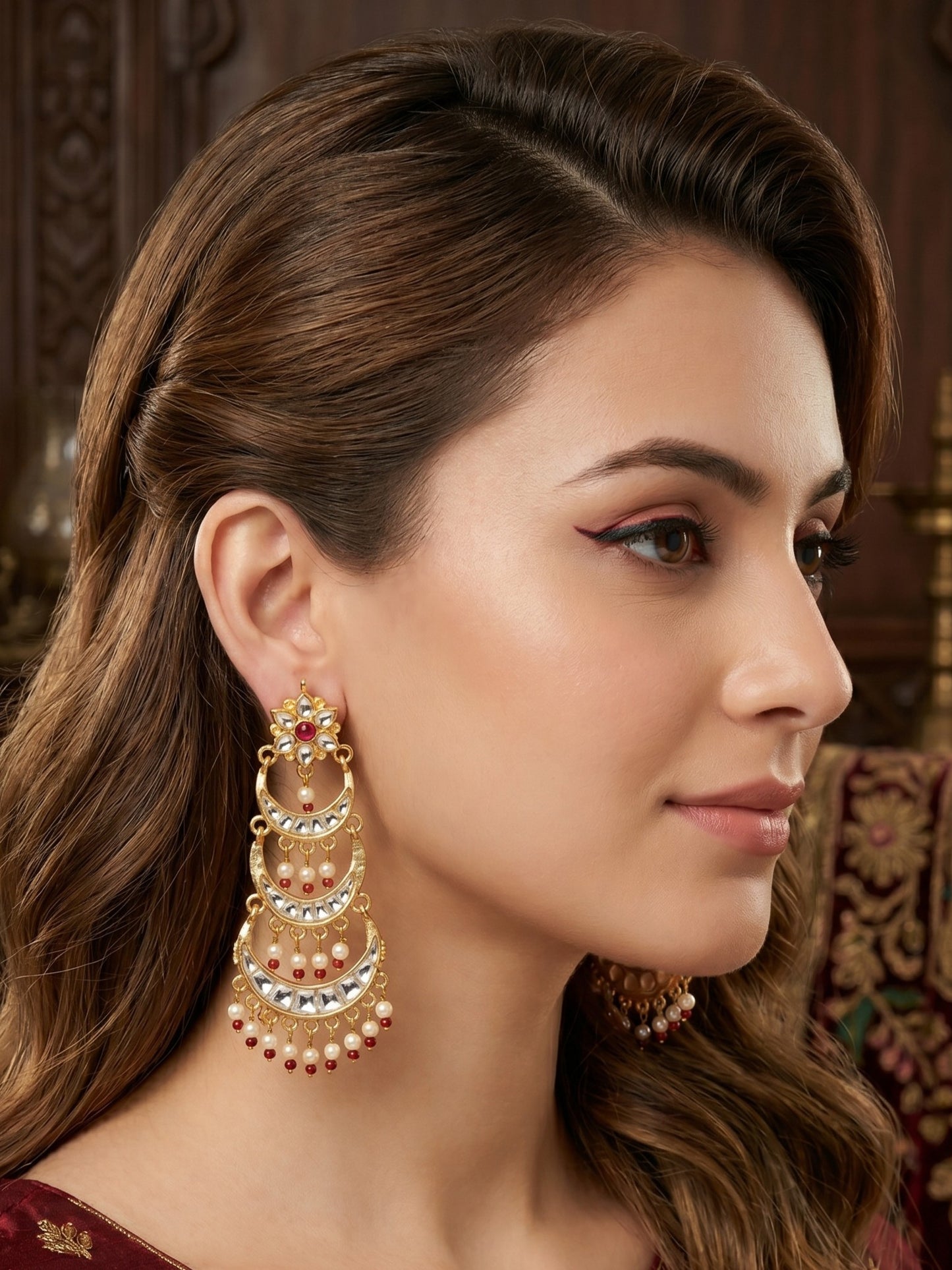 Women Gold-Toned Layered Crescent Pearl Drop Earrings