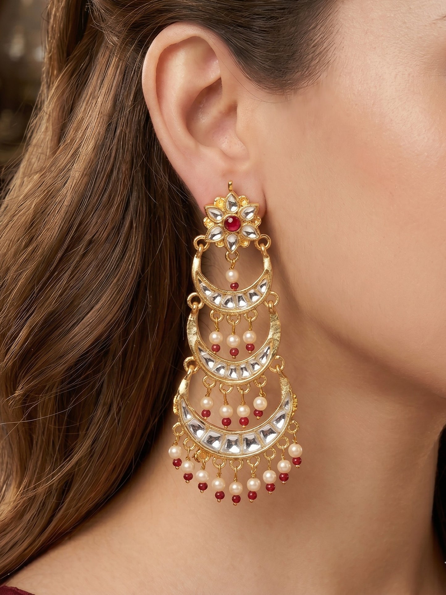 Women Gold-Toned Layered Crescent Pearl Drop Earrings