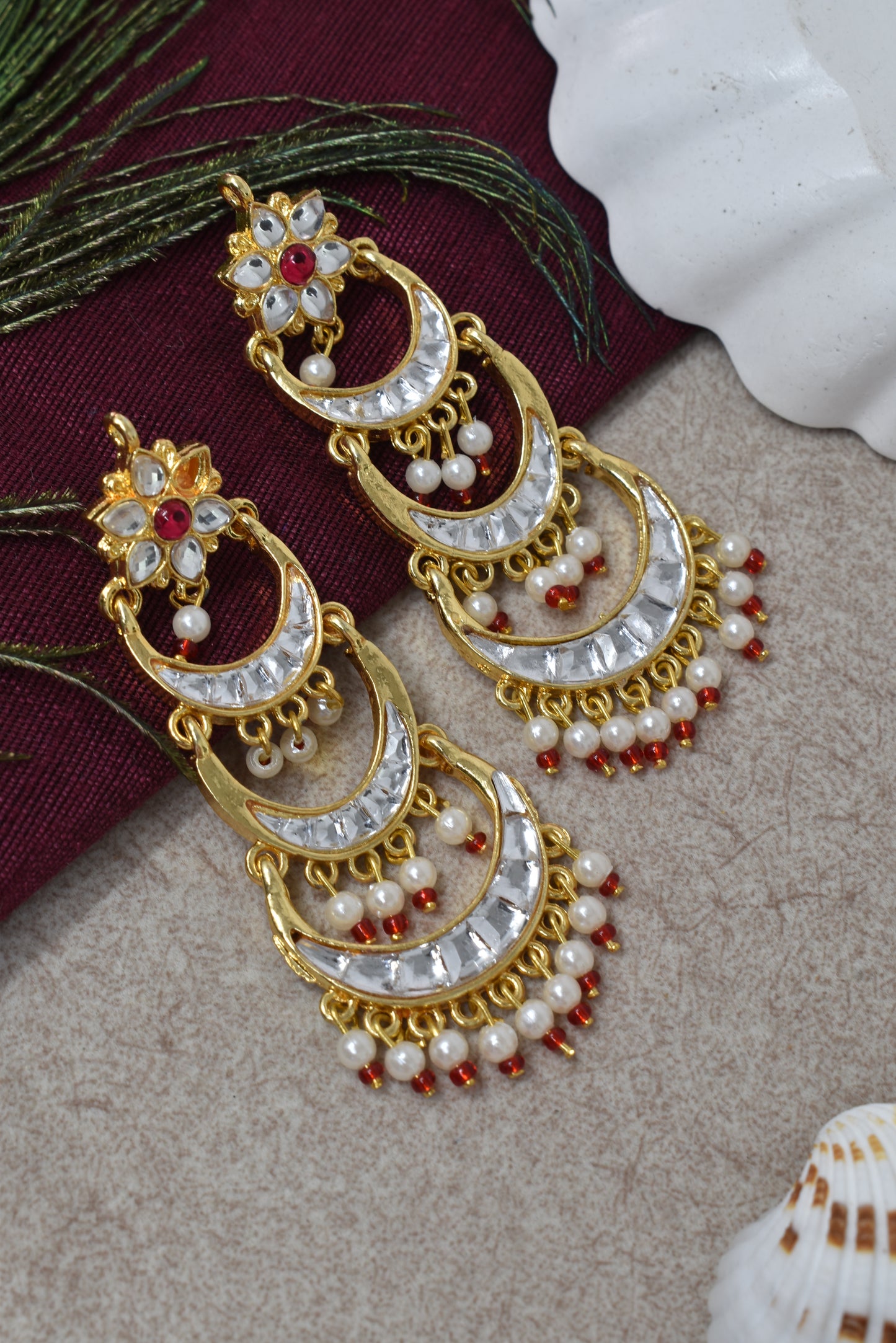Women Gold-Toned Layered Crescent Pearl Drop Earrings
