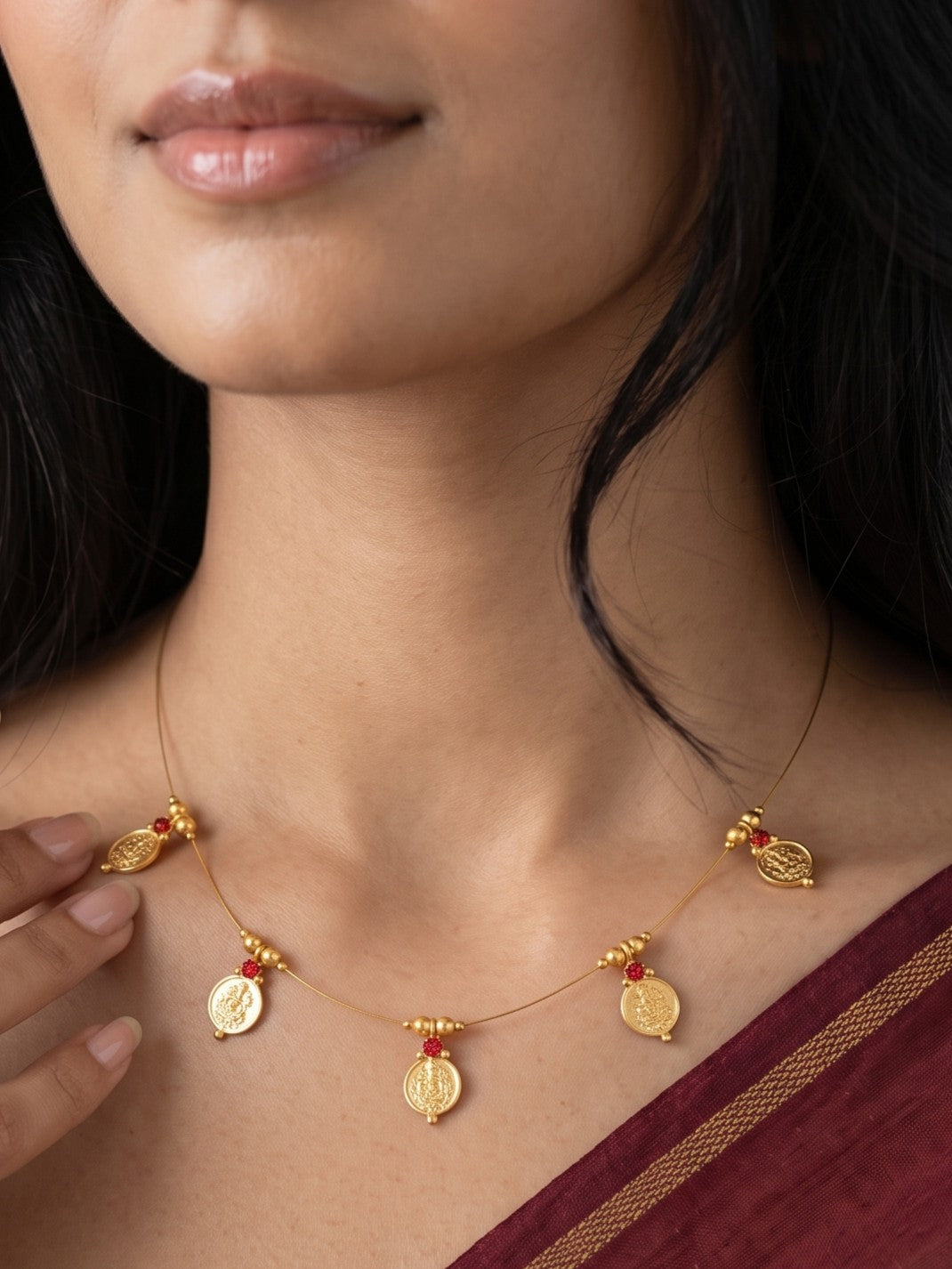 Gold-Plated Temple Coin Wire Necklace Set for Women and Girls