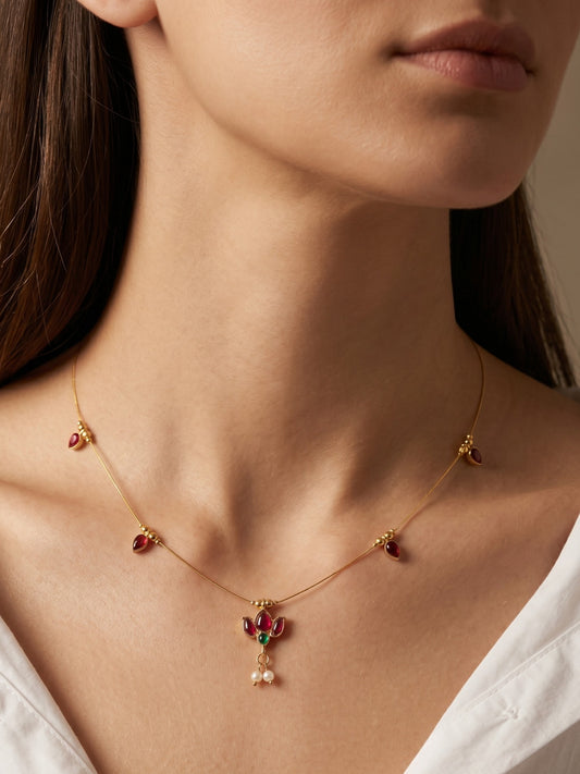 Gold-Toned Pearl Drop Wire Necklace with Red Stone Charms