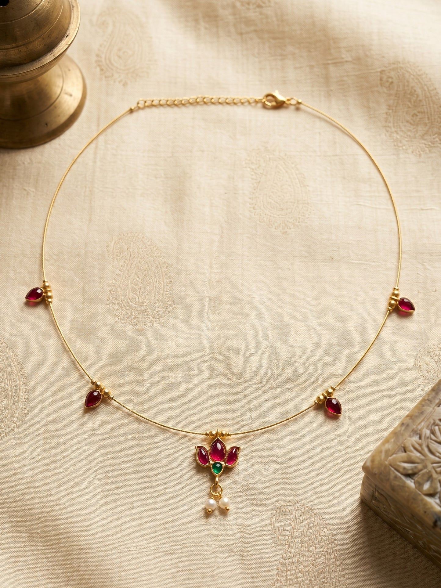 Gold-Toned Pearl Drop Wire Necklace with Red Stone Charms