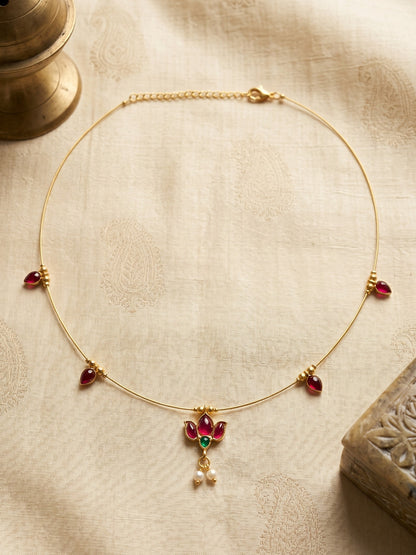 Gold-Toned Pearl Drop Wire Necklace with Red Stone Charms