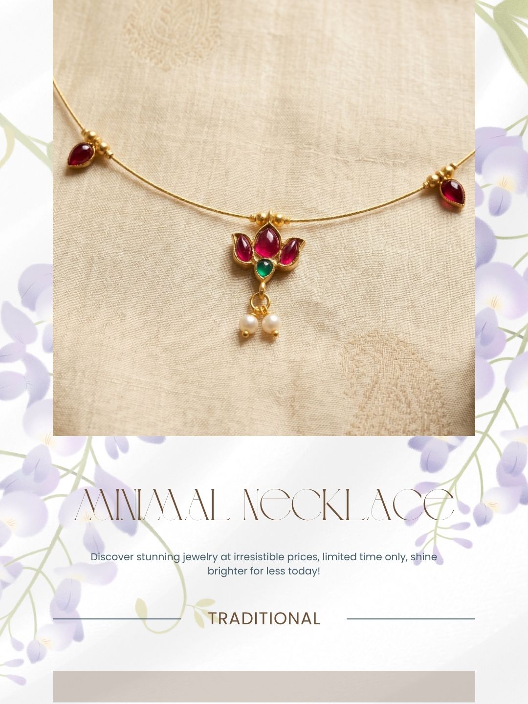 Gold-Toned Pearl Drop Wire Necklace with Red Stone Charms