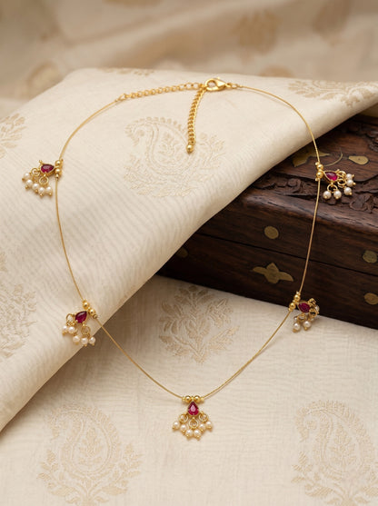 Gold-Toned Pearl Drop Wire Necklace with Red Stone Charms