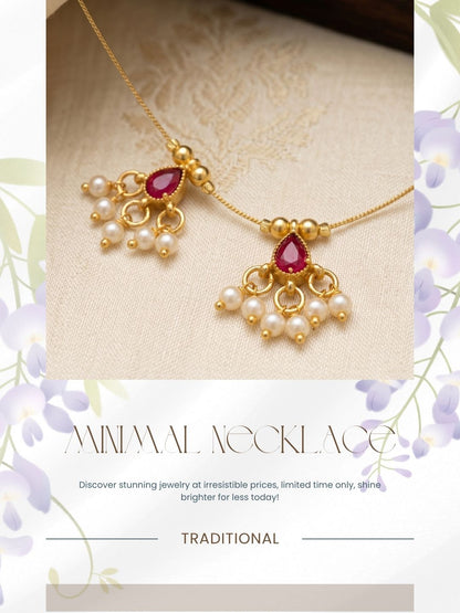 Gold-Toned Pearl Drop Wire Necklace with Red Stone Charms
