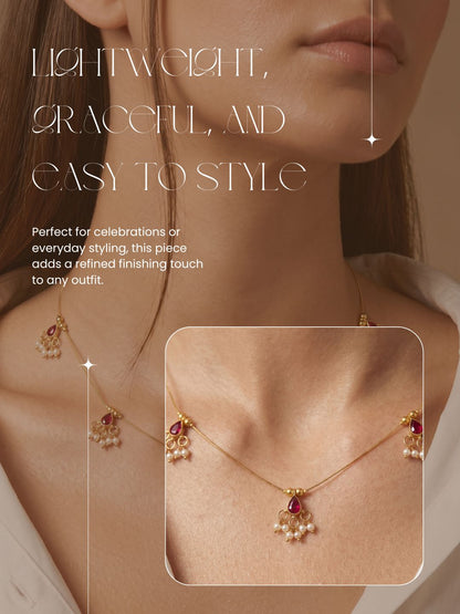 Gold-Toned Pearl Drop Wire Necklace with Red Stone Charms