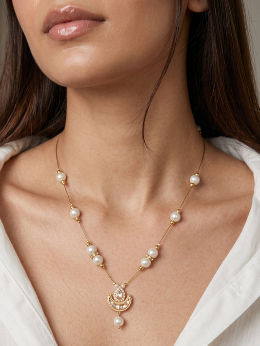 Gold-Plated Pearl & Crescent Pendant Necklace for women and Girls