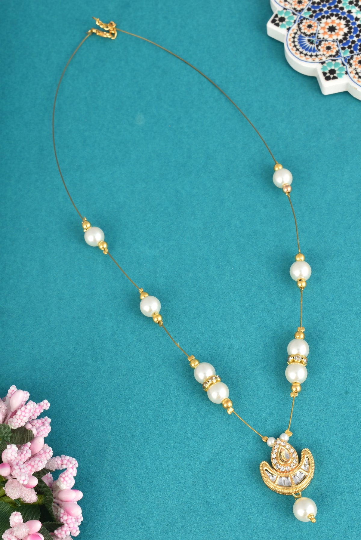 Gold-Plated Pearl & Crescent Pendant Necklace for women and Girls