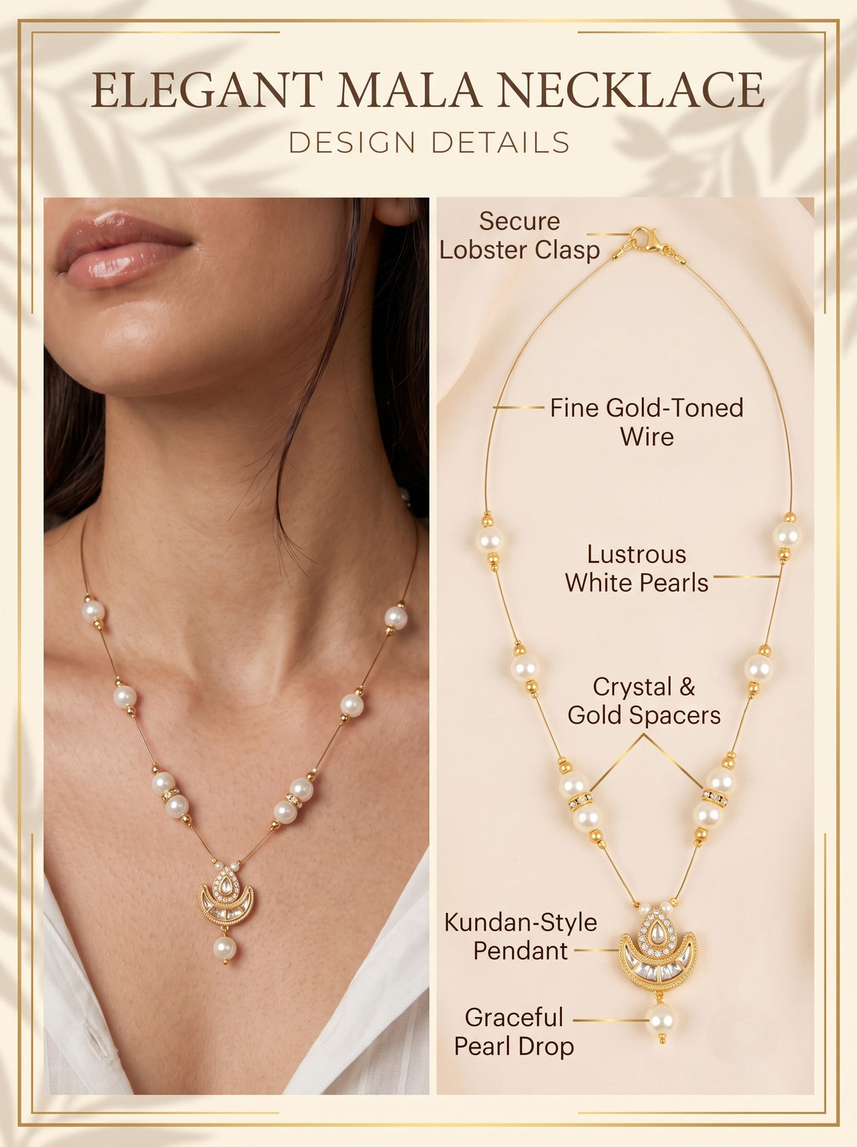 Gold-Plated Pearl & Crescent Pendant Necklace for women and Girls
