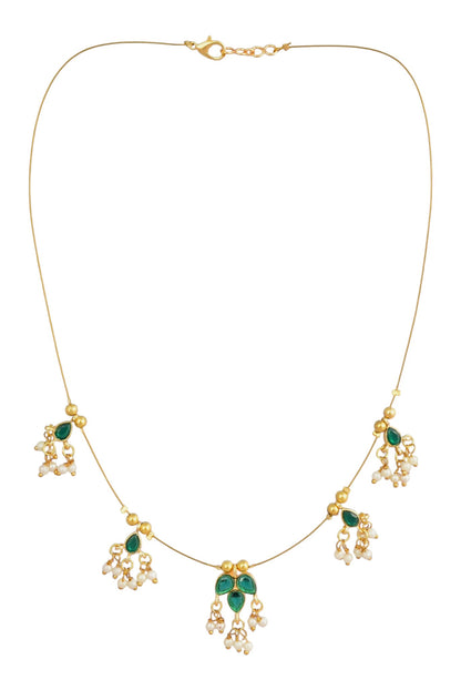 Gold-Plated Green Stone & Pearl Wire Necklace for Women and Girls
