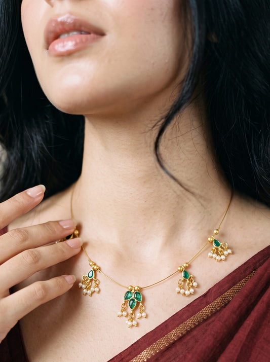 Gold-Plated Green Stone & Pearl Wire Necklace for Women and Girls