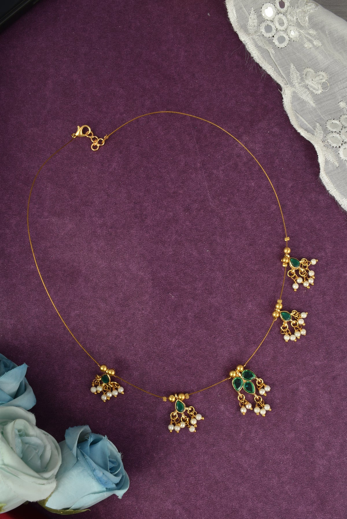 Gold-Plated Green Stone & Pearl Wire Necklace for Women and Girls