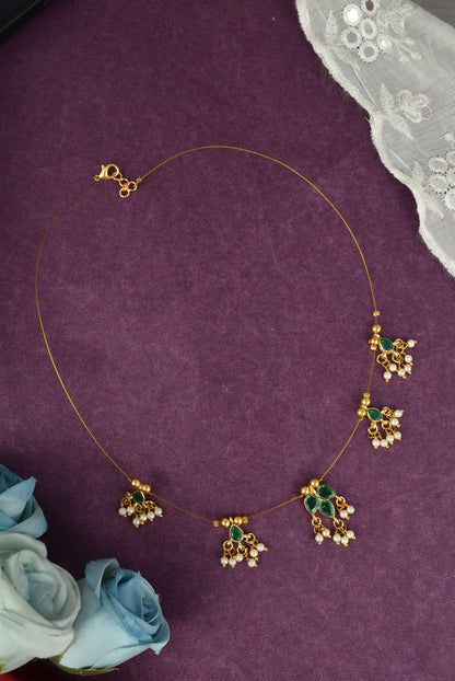 Gold-Plated Green Stone & Pearl Wire Necklace for Women and Girls